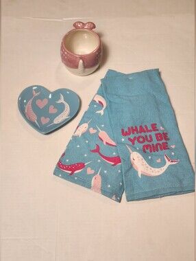 NWOT Narwhal Gift Set - Whale You Be Mine Blue Kitchen Towels Mug Trinket Dish